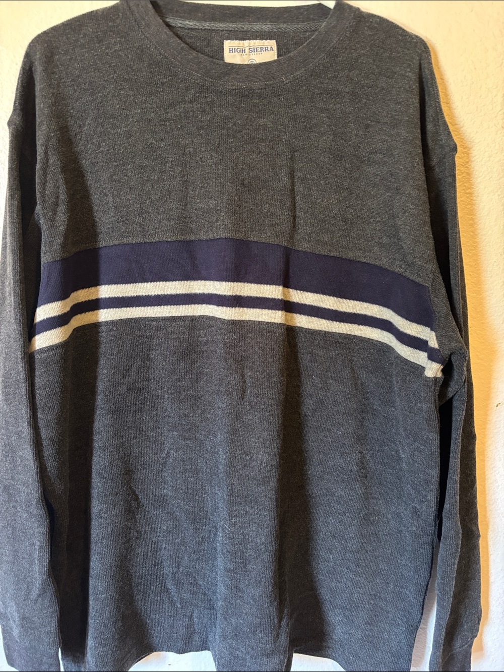 High Sierra Men's Gray Crewneck Sweater with Navy Blue and White Stripe Size L